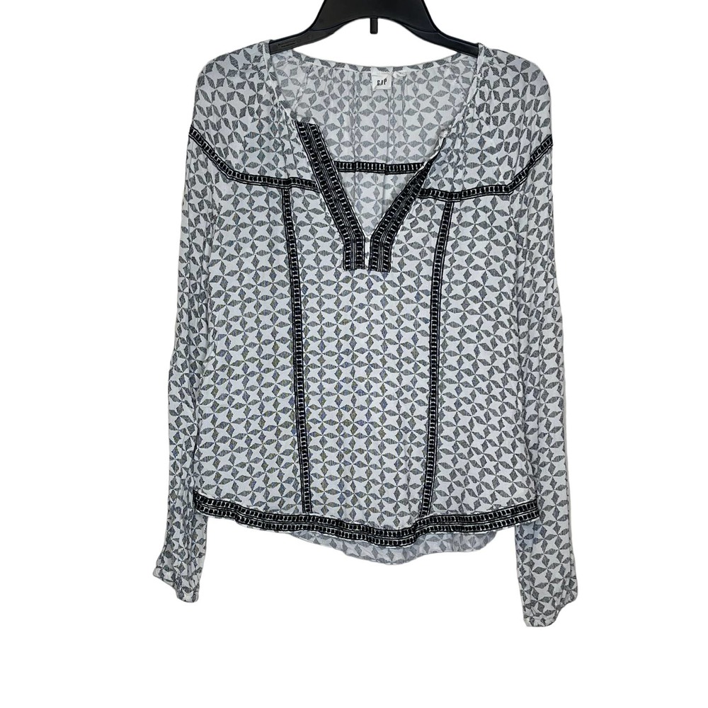 Gap Women Top Embroidered Print Slouchy V Neck Long Sleeve Gray/White Size Small